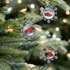 Retro Farm Truck Farmhouse Silver Snowflake Christmas Ornament Set of 3 New